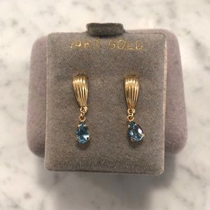 14k Gold and Blue Topaz Drop Earrings in Box